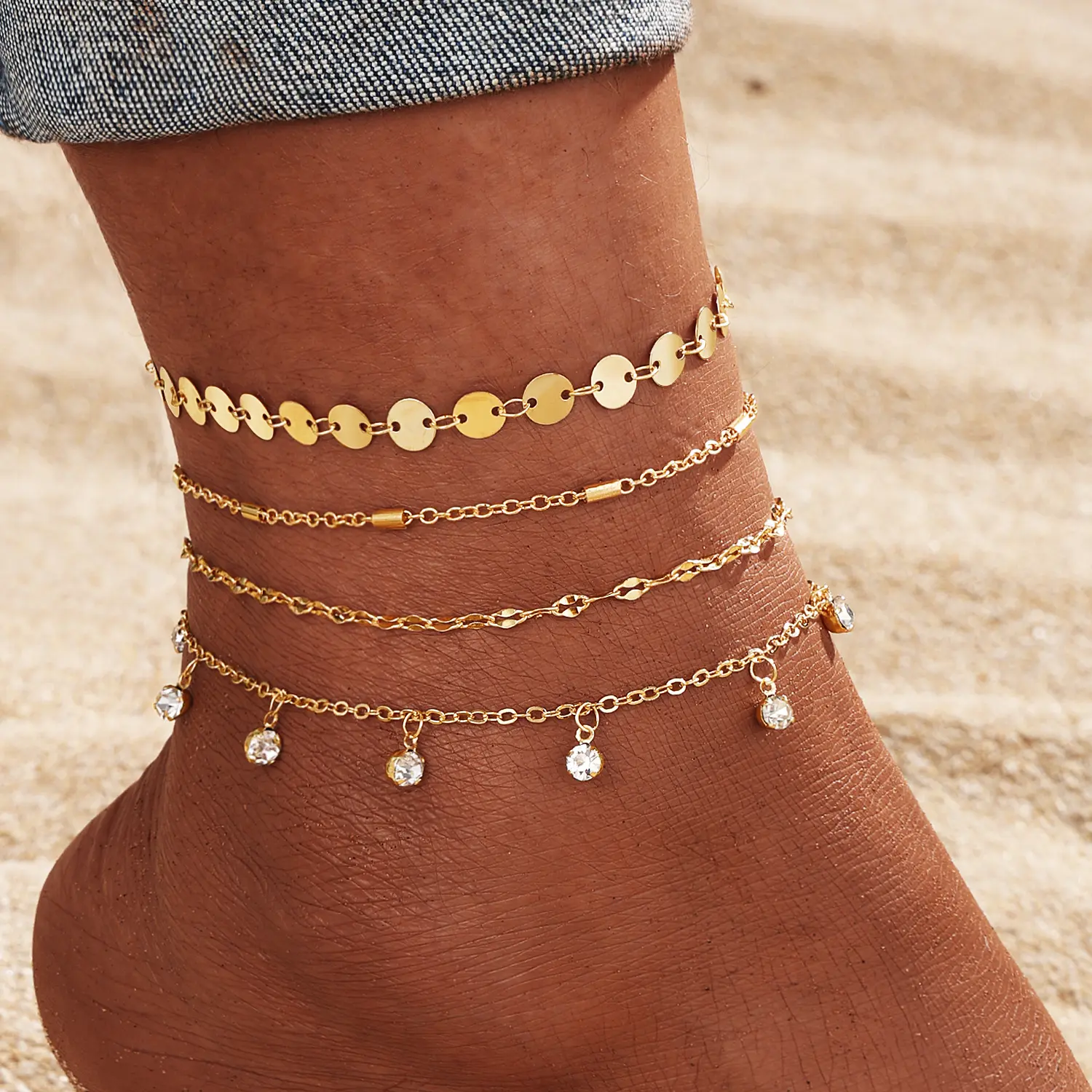 Women's Gold-Layered Anklet for Outdoor Camping & Hiking - Crystal Dangle Foot Jewelry, Sequin Disc Ankle Bracelet, Boho Sparkly Tassel Layering Foot Chain, Party Summer Gift for Female Adults