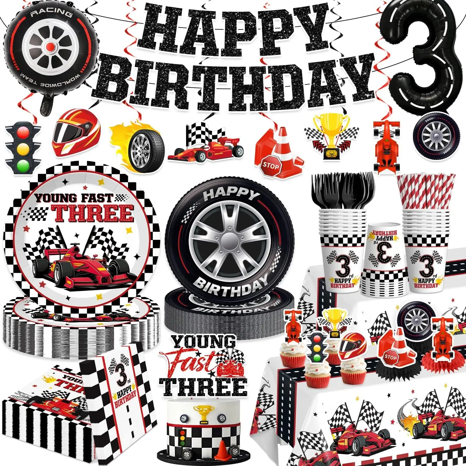 199-Piece Race Car 3rd Birthday Party Decoration Kit, All-in-1 Set for 3rd Year Celebrations with Banner, Plates, Forks, Tablecloth, Cake Topper, Cupcake Toppers, Balloons, Balloon