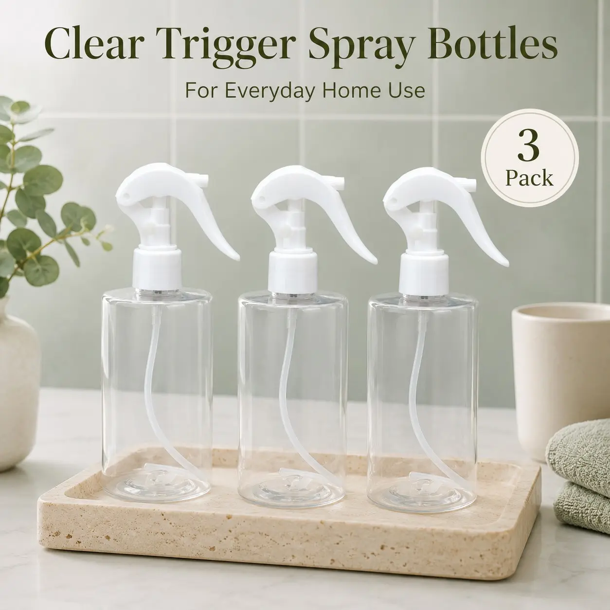 3 Pack Refillable Spray Bottles, Clear Transparent Plastic Trigger Sprayer Set, Ideal for Home Cleaning, Hair Styling, Plants, Bathroom Use