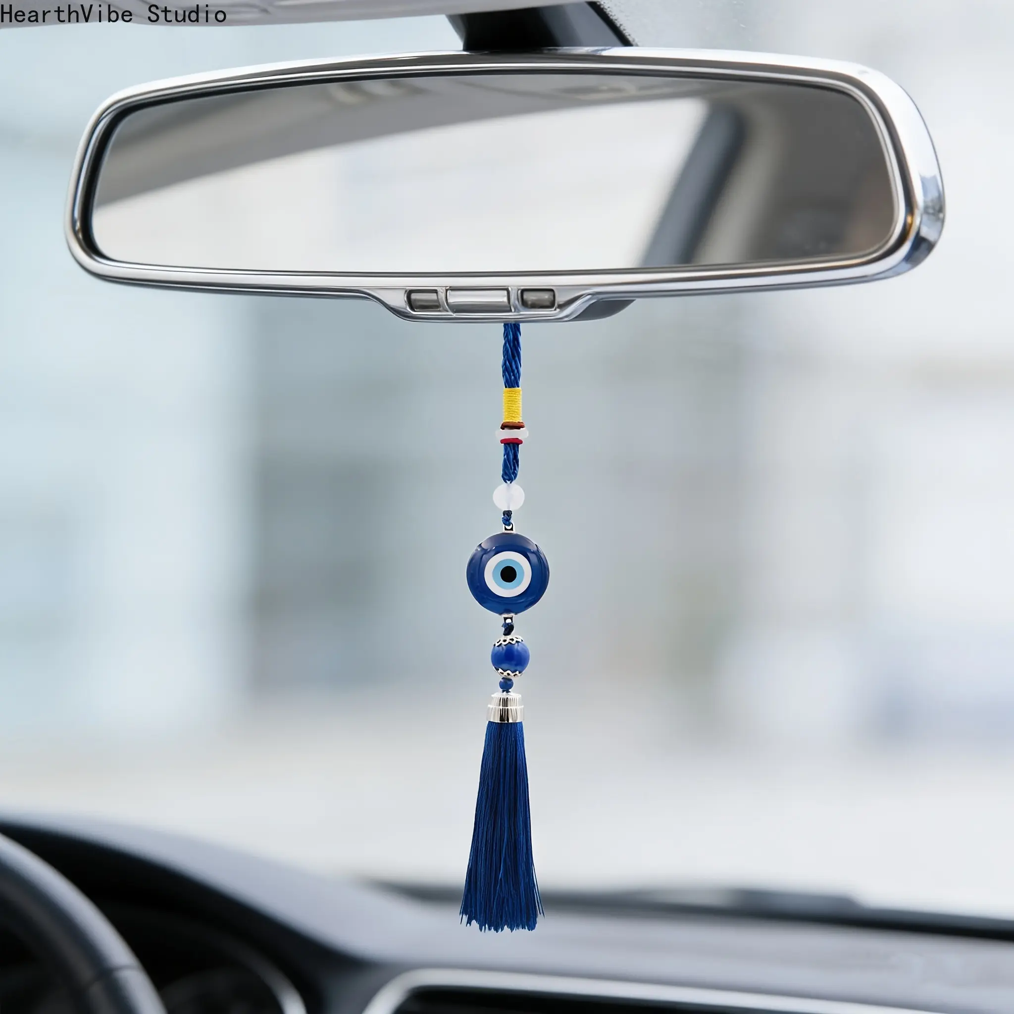 Gold-Colored Evil Eye Motif Glass Hanger & Car Key Buckle, Turkish Hi-Tie Body Symbol Design with PU Leather Protection, Camping & Hiking Hammock Accessory