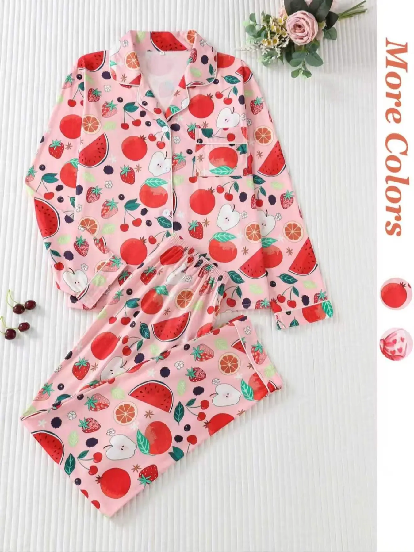Two-Piece Sweet Summer Fruit Print Women's Pajama Set, Soft Comfortable Long Sleeve Top and Pants, Cute Fitted Cartoon Print Sleepwear for All Seasons