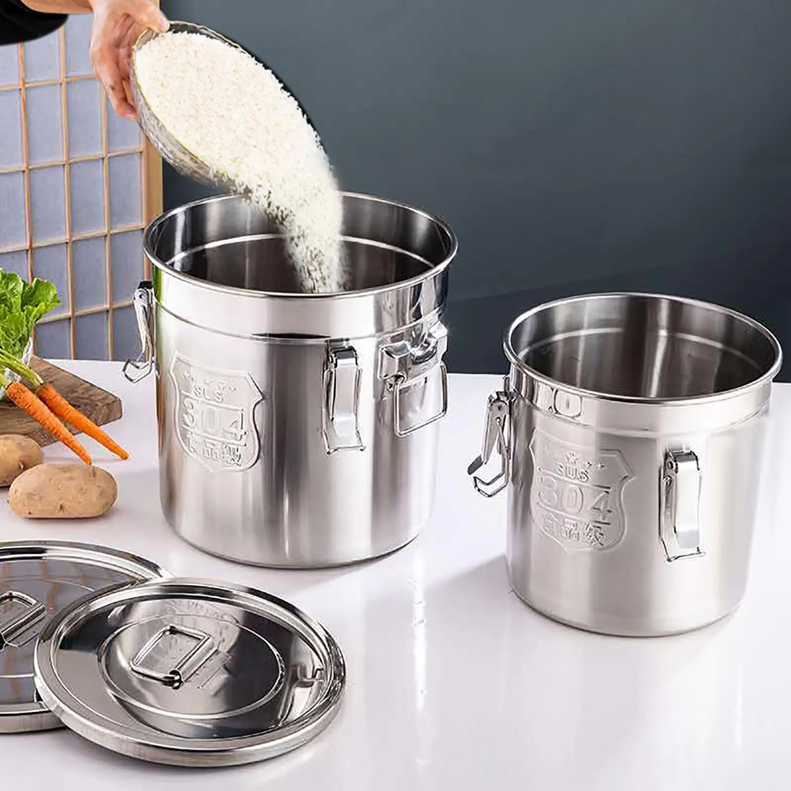 304 Stainless Steel Hermetically Sealed Round Storage Jars with Lids & Handles, Multi-Size Cylinder Containers - Moisture-Proof Household Kitchen Organizers for Rice, Cereal, Grain, Hermetic Seal