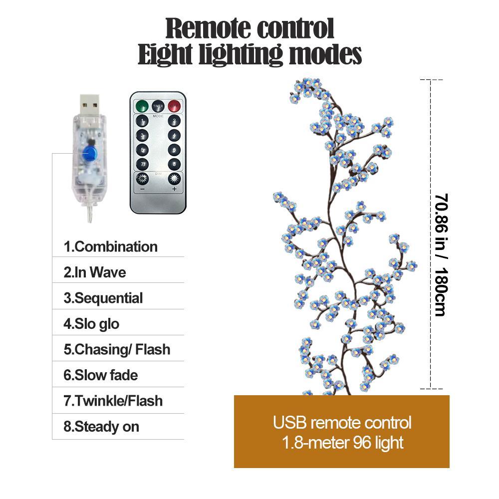 USB Powered 96-LED Artificial Magic Cherry Blossom Branch Light, 8-Lighting Modes, Flexible DIY Decorative Rattan Light for Home, Outdoor, Garden, Lawn Decoration