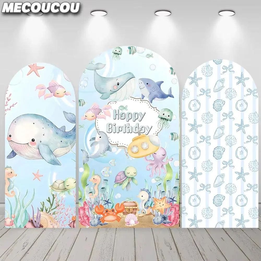 Cartoon Blue Ocean World Arch Background Starfish Whale Jellyfish Sea Life Children Birthday Party Baby Shower Decoration Props