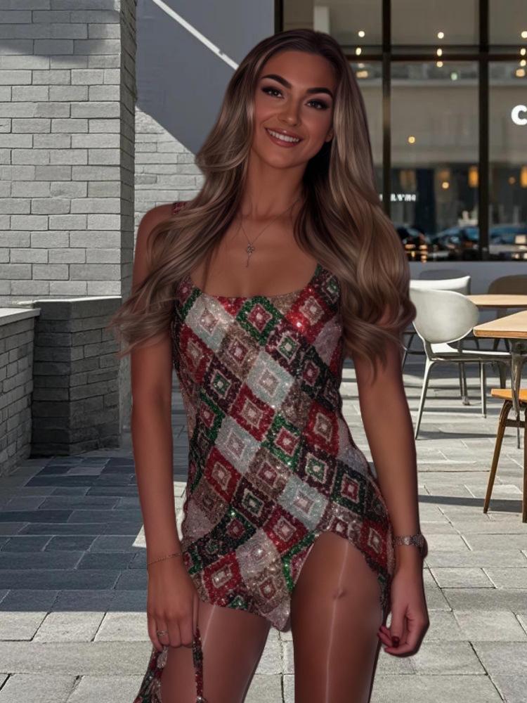 European and American Spring/Summer Fashion New Cross-Border Colorful Diamond Pattern Sequin Slit Bodycon Sexy Dress Wholesale