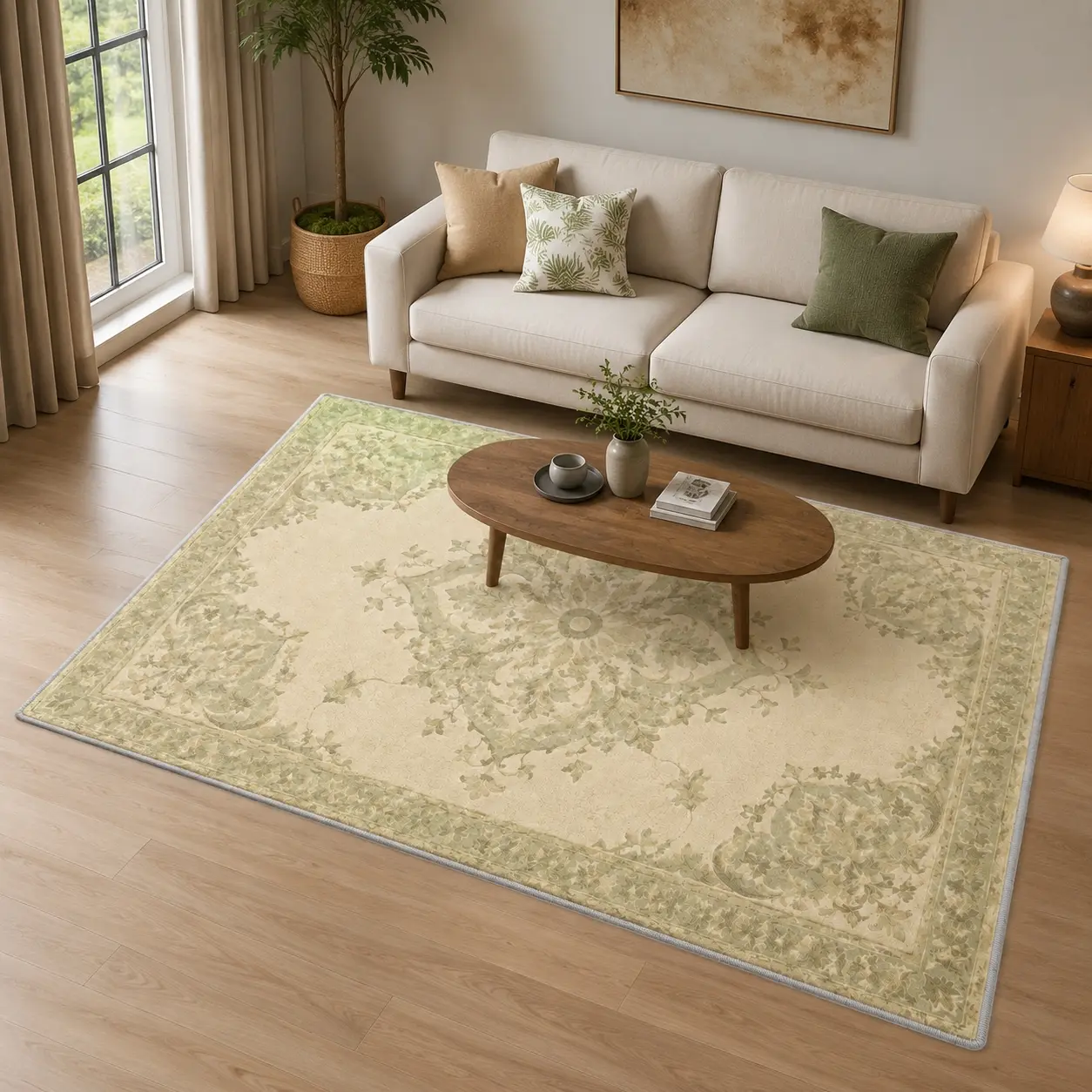 Vintage Green Leaf Floral Pattern Plush Faux Wool Rug for Living Room Bedroom, Non-Slip Easy to Clean Machine Washable