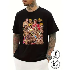 This stylish plus-size men's short-sleeved T-shirt features a vibrant patchwork print showcasing iconic poses and colorful outfits of numerous wrestlers. Comfortable and versatile.