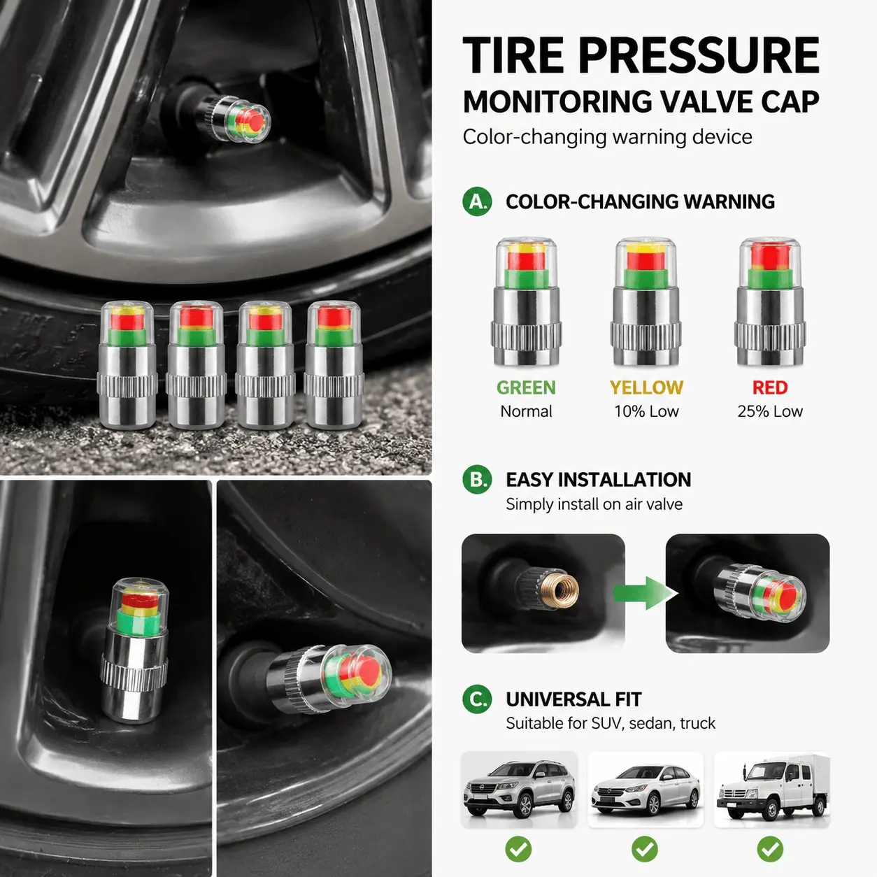 4PCS Car Tire Pressure Monitor Caps, Real-Time Wireless Tire Pressure Sensors with Automatic Alert, High Precision Tire Pressure Gauge Valve Stem Caps for Cars