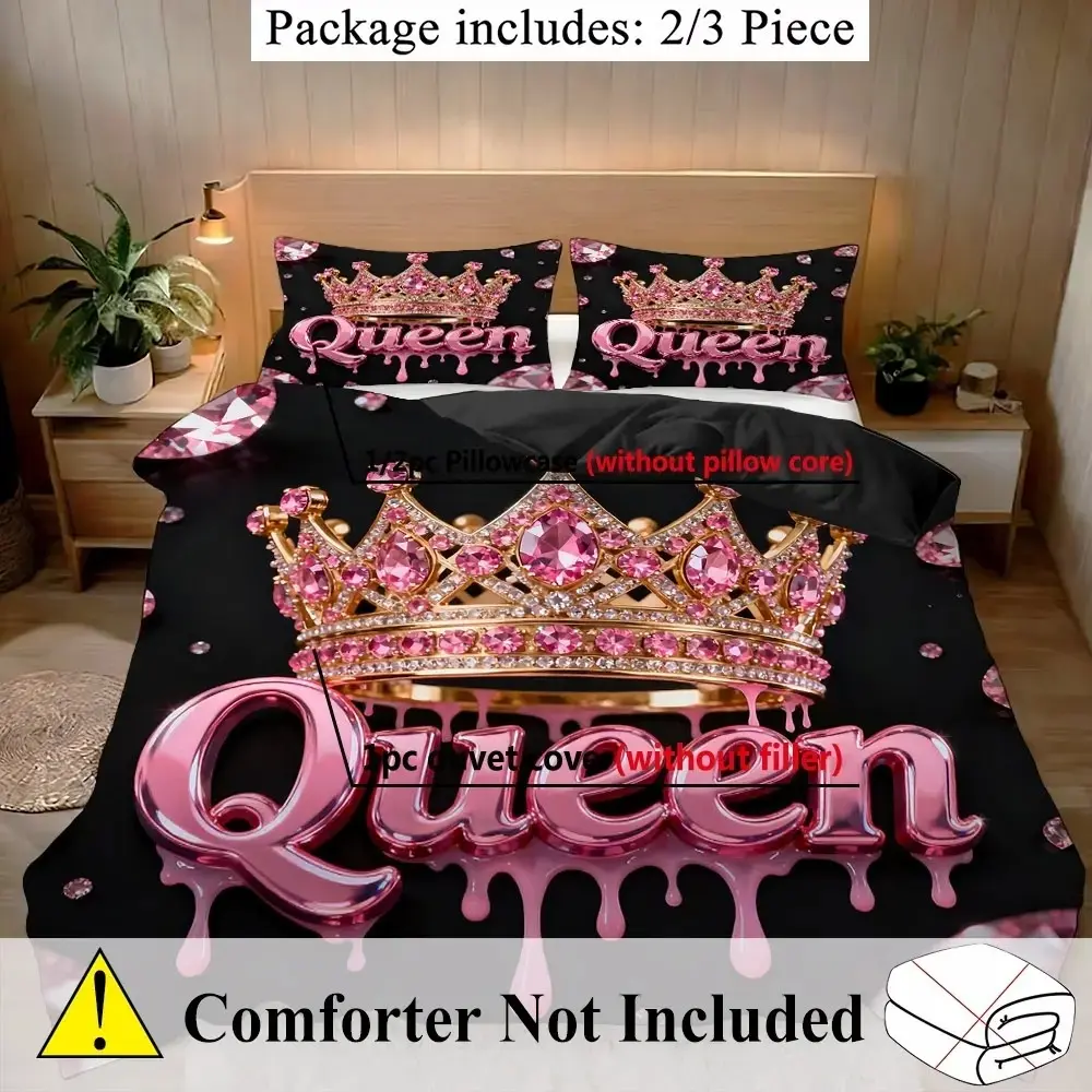 Luxury Gemstone Queen Crown Bedding Set, Three-Piece Duvet Cover Set Without Insert, Melted Letter Base, Pillowcase Included