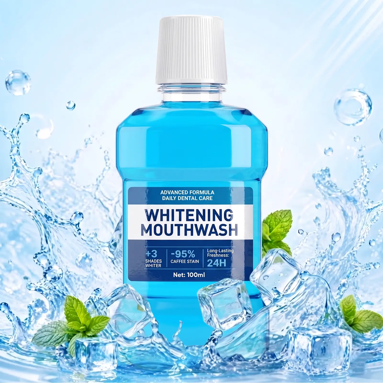 Teeth Whitening Mouthwash with Hydrogen Peroxide & Essential Oils for Fresh Breath, Alcohol-Free Daily Oral Care, 100ml, White Teeth Whitening, Brighten Teeth Whitening