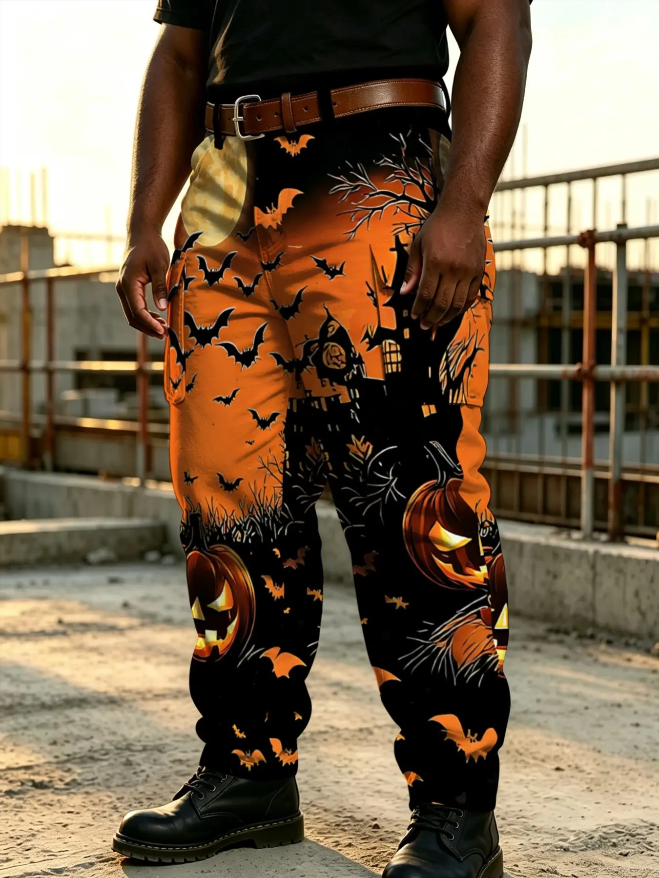 Halloween Pumpkin Bat Tactical Workwear Pants, Full Body Halloween Scene Print, Matching Pocket Design, Unique Fall Winter Long Trousers
