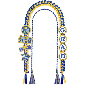 Graduation Leis 2026 and Cords, Grad Money Leis with 8 Grad Glitter Patches for Graduation Party Decorations (Blue & Gold).