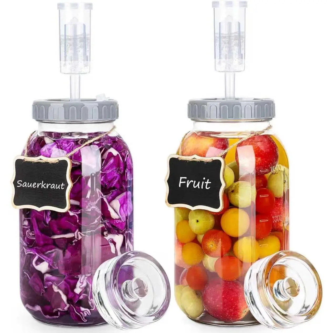 64oz Fermentation Jar Kit with Fermenting Weights and Airlock Lids, Wide Mouth Glass Jars with Scale Mark for Making and Storing Sauerkraut, Pickles Pack of 2