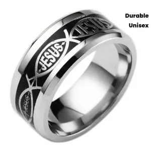 Christian Jesus Lettering & Cross Design 201 Stainless Steel Ring with IHS Symbol - Heavy Duty Comfort Fit, Unisex Religious Wedding Band for Men & Women, Durable Everyday Christian Jewelry Gift for Church, Easter,