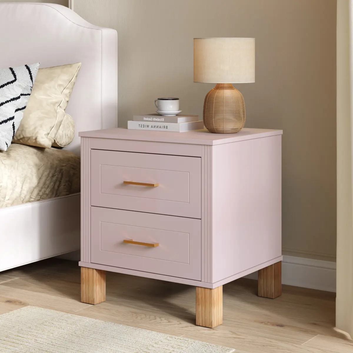 summerwins 2-Drawer Pink Accent Side Table, Modern Bedside Table with Fluted Drawers, Premium Wood Tall Storage Cabinet Solid Legs & Metal Handle for Bedroom, Drawers Night Stand # hallway campingessentials Modern Nightstands