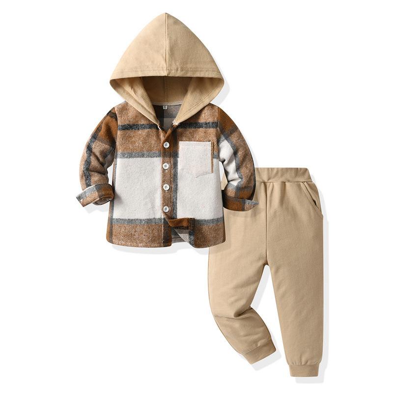 Toddler Boys Plaid Hooded Shirt & Khaki Sweatpants Set, Fashionable Long Sleeve Button-Down Top with Pocket, Comfortable Joggers for Kids, Perfect for Autumn/Winter Daily Wear & Outdoor Activities