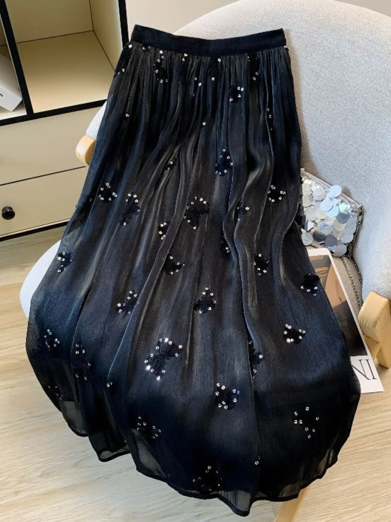 Elegant European Style Sheer Skirt, Loose Skirt, Butterfly Embroidery Rhinestone, Flowy Fairy Dress, High Waist A-Line Fit, Summer New Arrival, Bottom