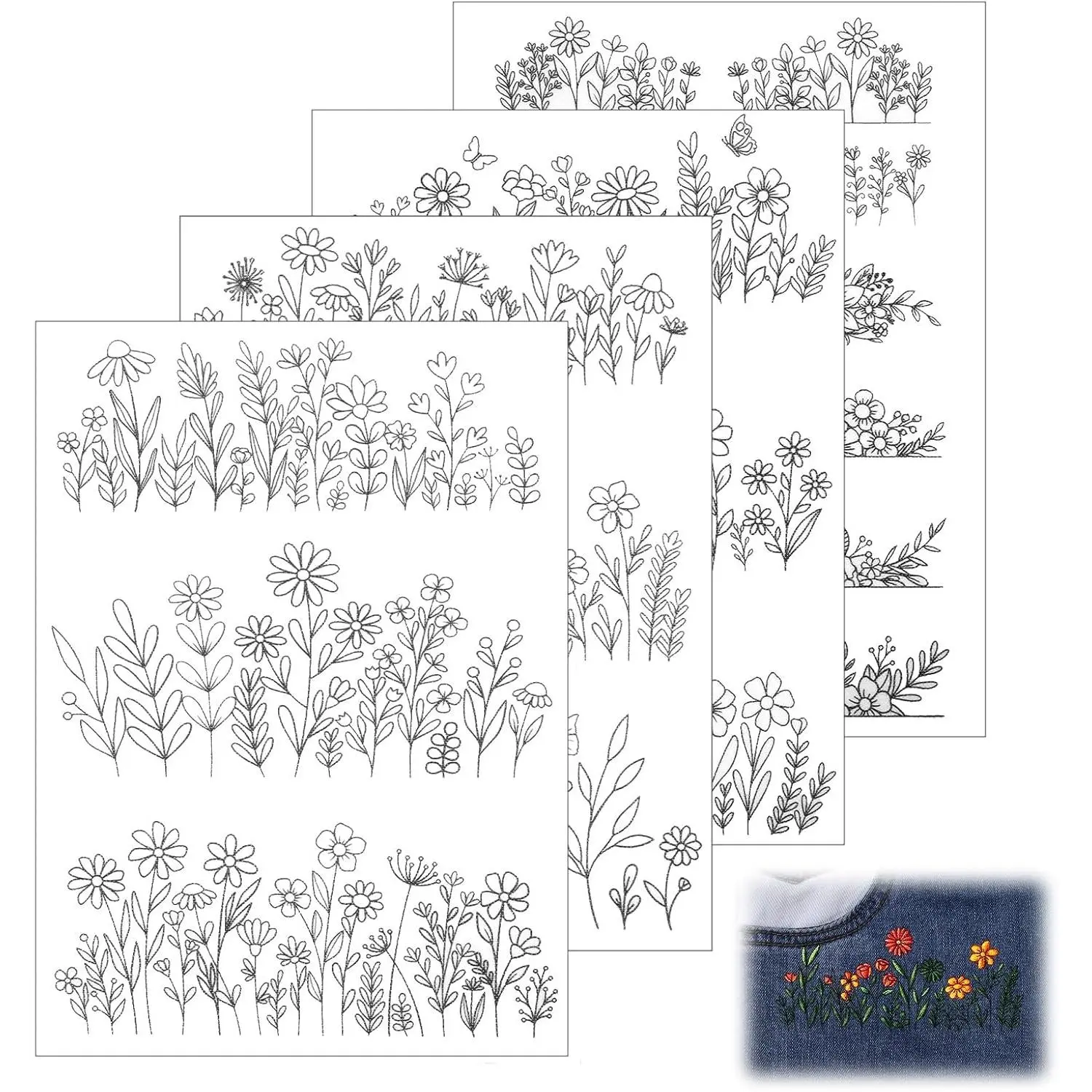 Water Soluble Embroidery Patterns 4 Sheets Stick and  Embroidery Paper Wash  Transfer Embroiderys  Dissolvable Embroiderys Paper with Wash , Flower Floral Daisy Butterfly Designs
