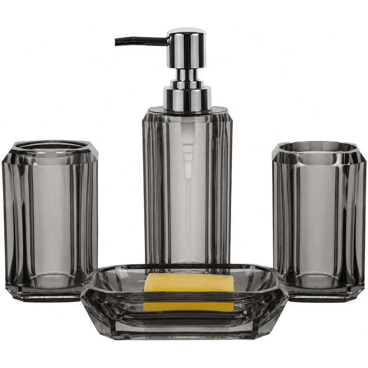 4-Pc Gray Bath Accessories Set — Dispenser, Dish, Cup & Holder | , Glossy Neutral Decor, Easy Wipe Clean,  Countertop, - Housewarming