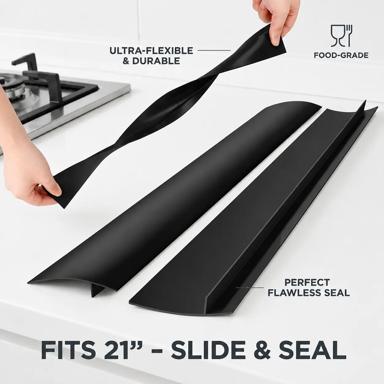 4 Pack Heat Resistant Silicone Stove Counter Gap Covers 21 Inch Black Kitchen Stove Guard Easy to Clean
