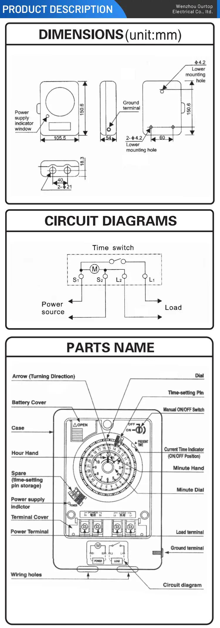 TB-330/TB-330R 30A 250VAC Black Mechanical Timer Switch Din Rail Programmable Timer switch Time Controller