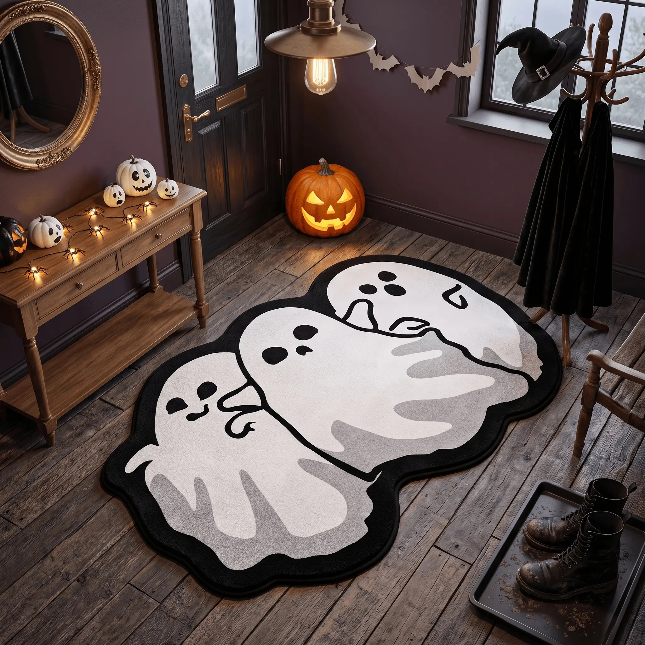 Halloween Minimal Cute Triple Ghost Doormat, 2D Flat Print with Water Absorbent Sponge Back, Soft Non Slip Floor Rug for Front Door Entryway Halloween Decor 0722Y（14）
