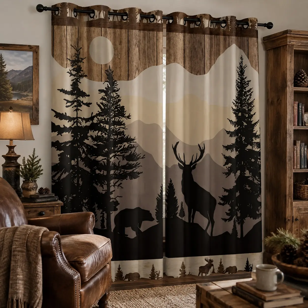 42x84" Rustic Forest Animals Durable Semi-Sheer Polyester Designer Print Curtains - Rod Pocket, Sun-Resistant Window Covering for Living Room Cabin Style Decor