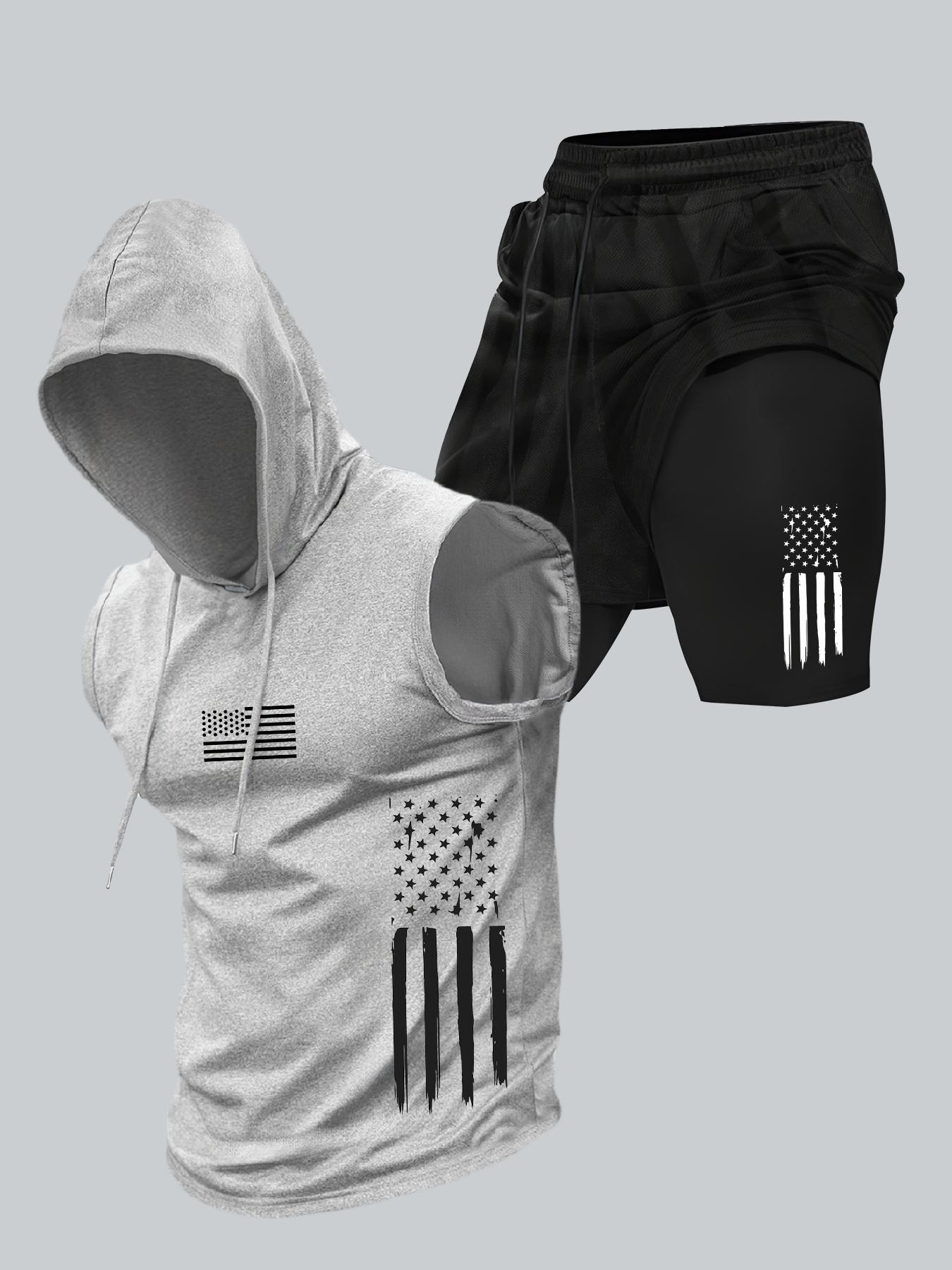 Two-Piece Set Men's American Flag Print Hooded Tank Top & Shorts Set, Regular Fit Casual Sleeveless Top & Shorts, Men's Summer Activewear Sportswear Set Menswear Athletic Clothes