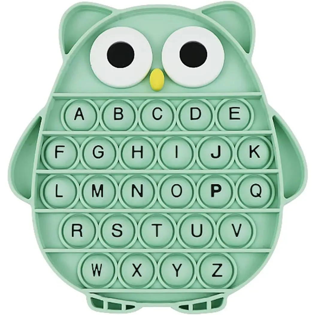 Push Pop Bubble Fidget Sensory Toy, Silicone Stress Relief Popping Toy, ABC Alphabet Owl Shaped Educational Learning Tools for Toddlers Kids Students (Black Letters-Green)