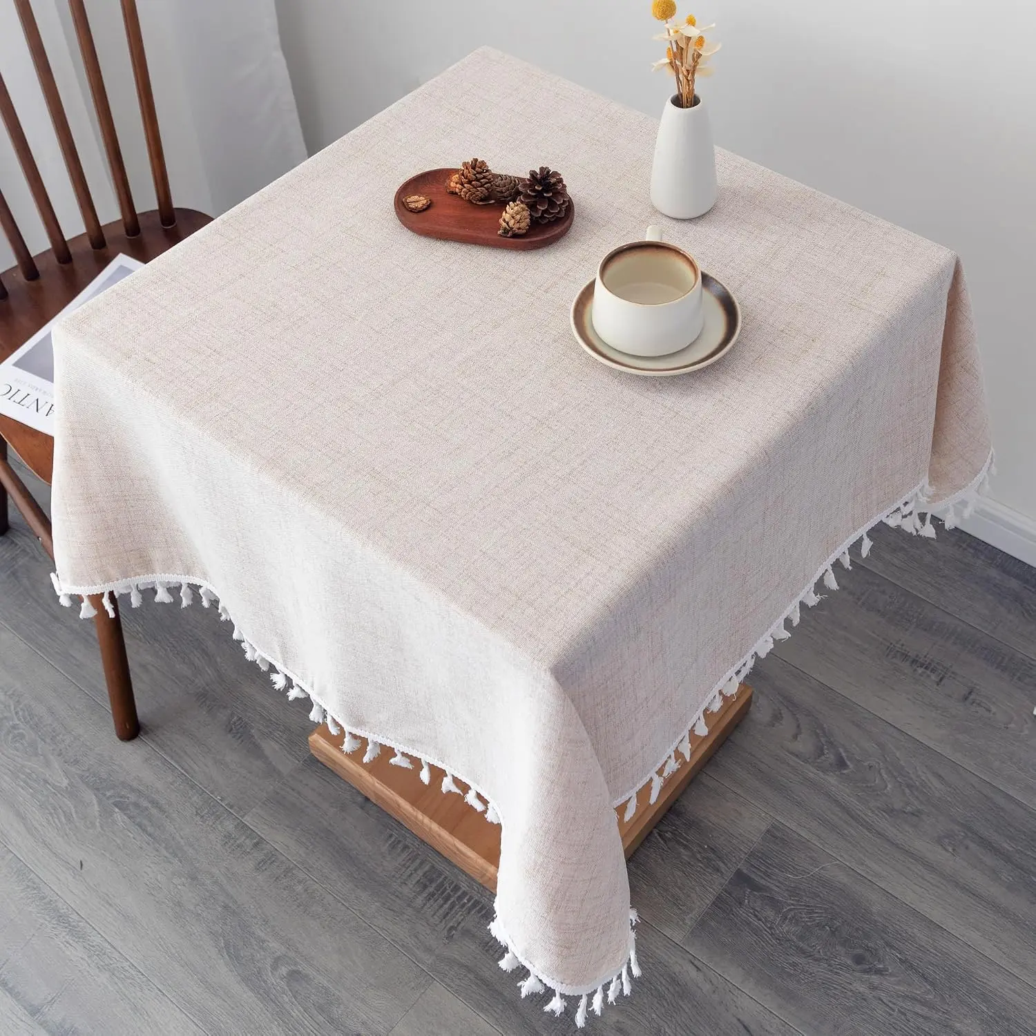 Linen Square Farmhouse Tablecloth 52 x 52 Inch Beige| Farmhouse Decorative Burlap Fabric Table Cloths for Nightstand Wedding Camping Party