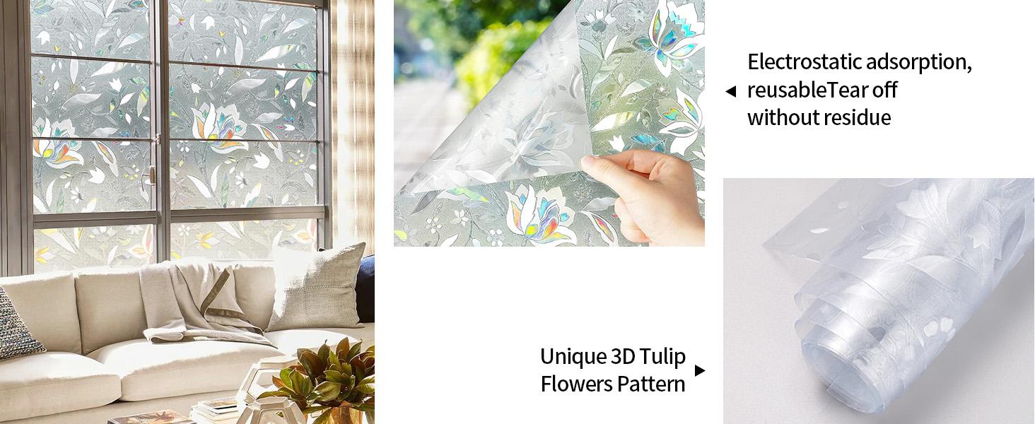 Window Film Floral Stained Glass Window Privacy Film 17.7 x 78.7 inches Front Door Decorative Glass Privacy Film Removable Static Cling Anti-UV Window Cling