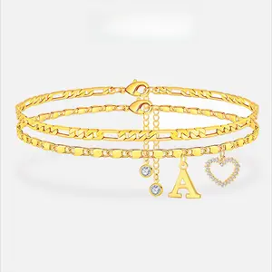 Women Double Layer Gold Anklet Adjustable Heart Pendant 26 Initial Letter Ankle Bracelet Trendy Summer Jewelry Gift