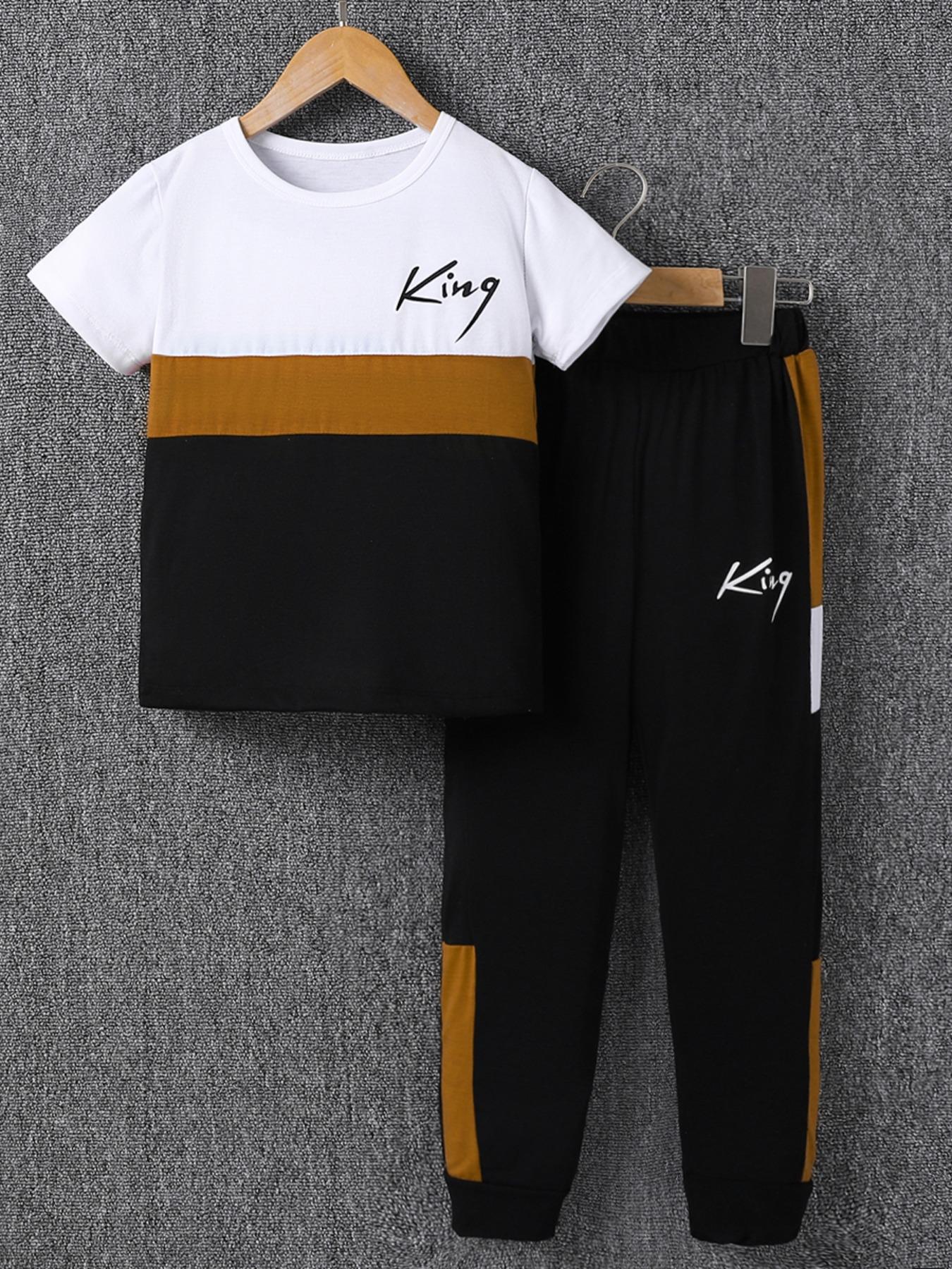 Boy's Letter Print Tee & Side Stripe Sweatpants Set, Round Neck Set, Colorblock Short Sleeve T-shirt & Jogger Pants, Casual Summer Outfits Clothes for Kids Children, Kids Athletic Clothing, Striped Sets, Youth Kits