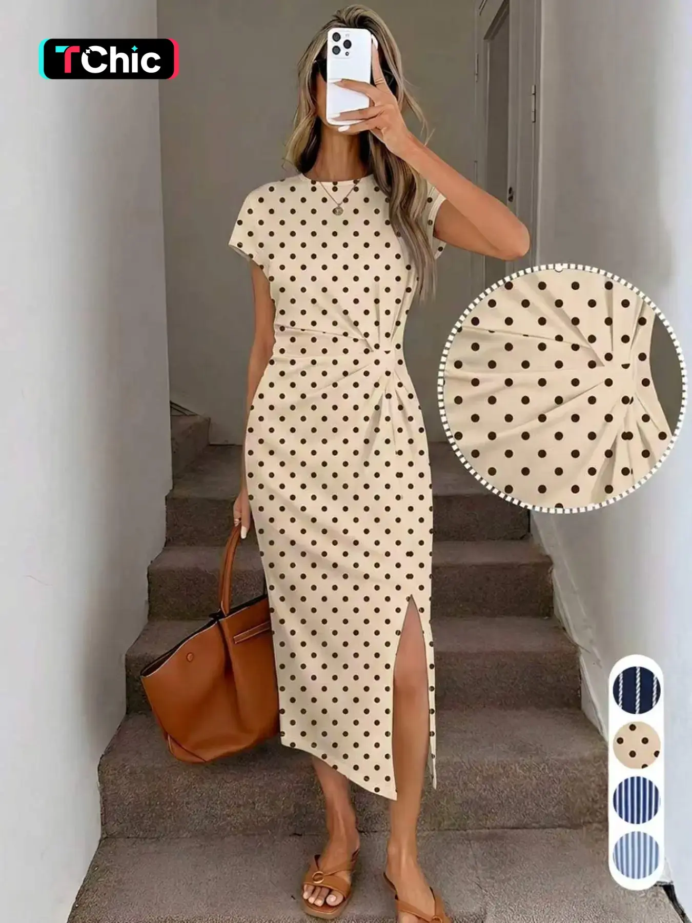 Tie Waist Bodycon Cut Side Slit Dress, Round Neck Short Sleeve Split Midi Dress, Everyday Elegant Casual Style, Lightweight Office Wear, Summer New Arrival