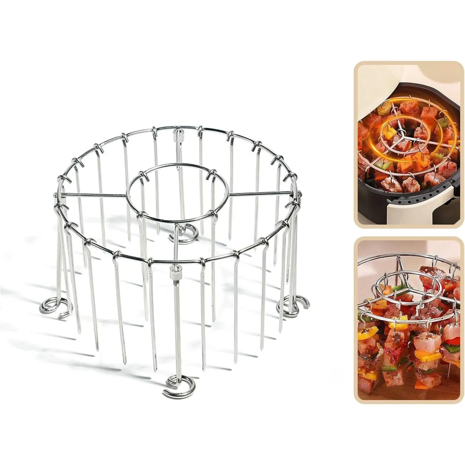 2025 New Stainless Steel Air Fryer Grill Skewer Rack, BBQ Kabob Set with 30 Vertical Meat Skewers & Round Hanging Design, Vertical Skewers