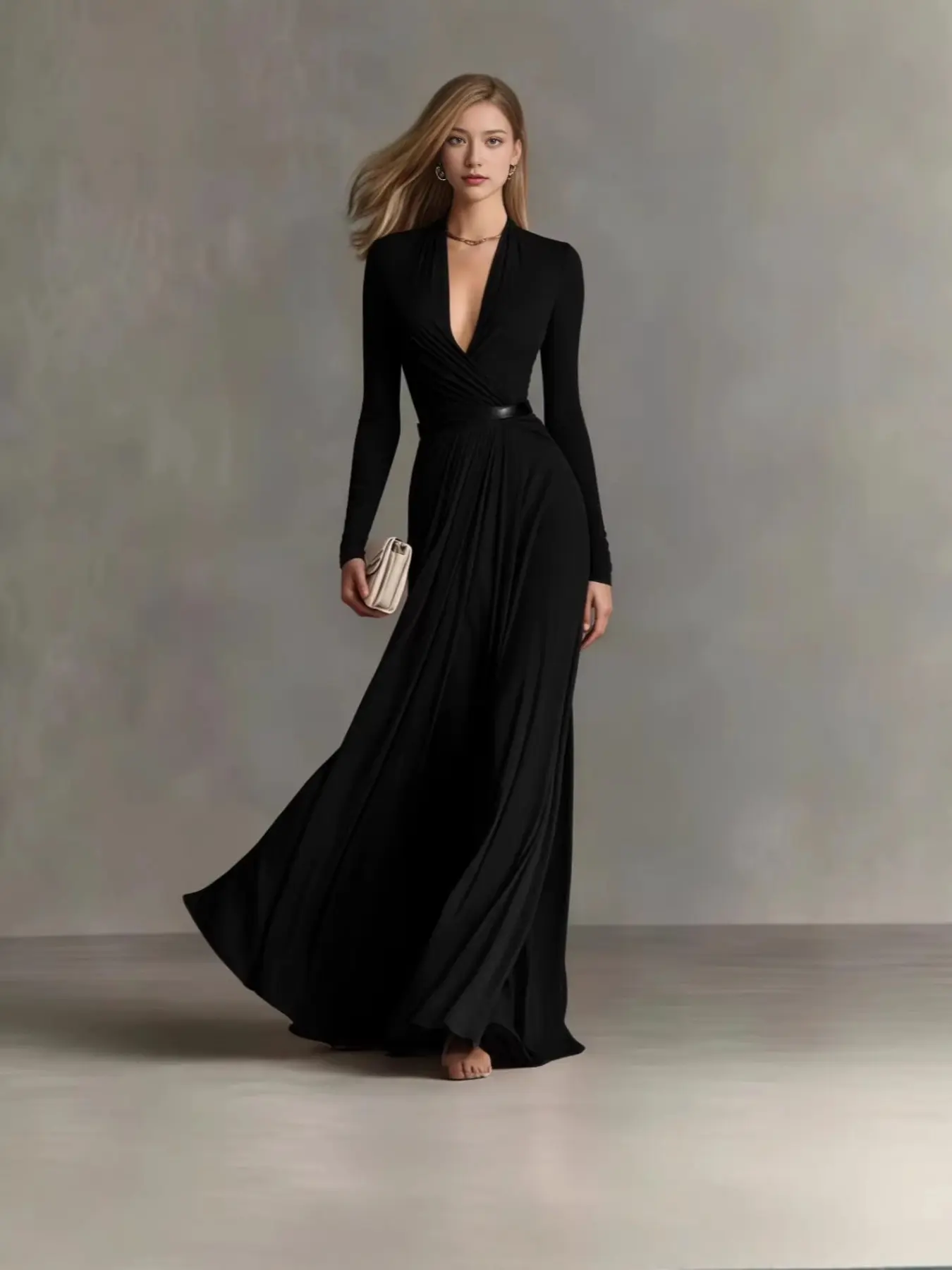 Women's Sexy Wrap Maxi Dress, Long Sleeve Deep V Neckline, Cinched Waist Design, Perfect for Parties & Events, Dresses For Party, Chic Nightwear Option