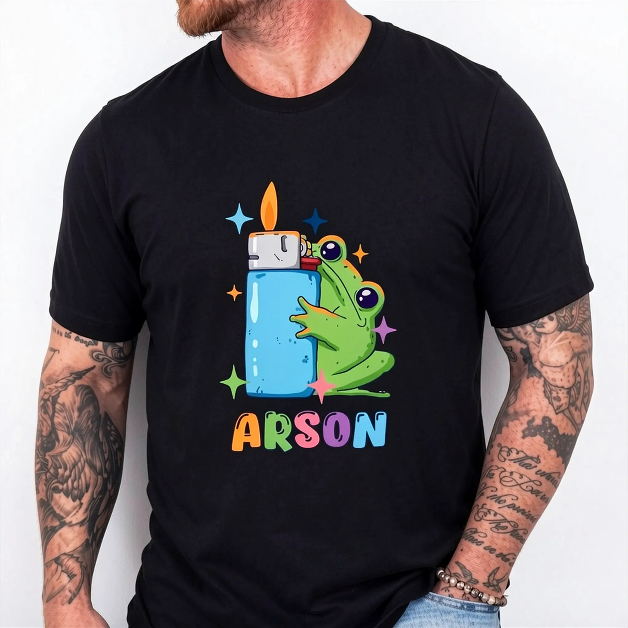 Mens Humorous Arson Frog Matchstick Flames Graphic Tee Soft Breathable Black Shirt with Pyro Comic Design Ideal Gift for Dark Humor Enthusiasts and Comedy Fans