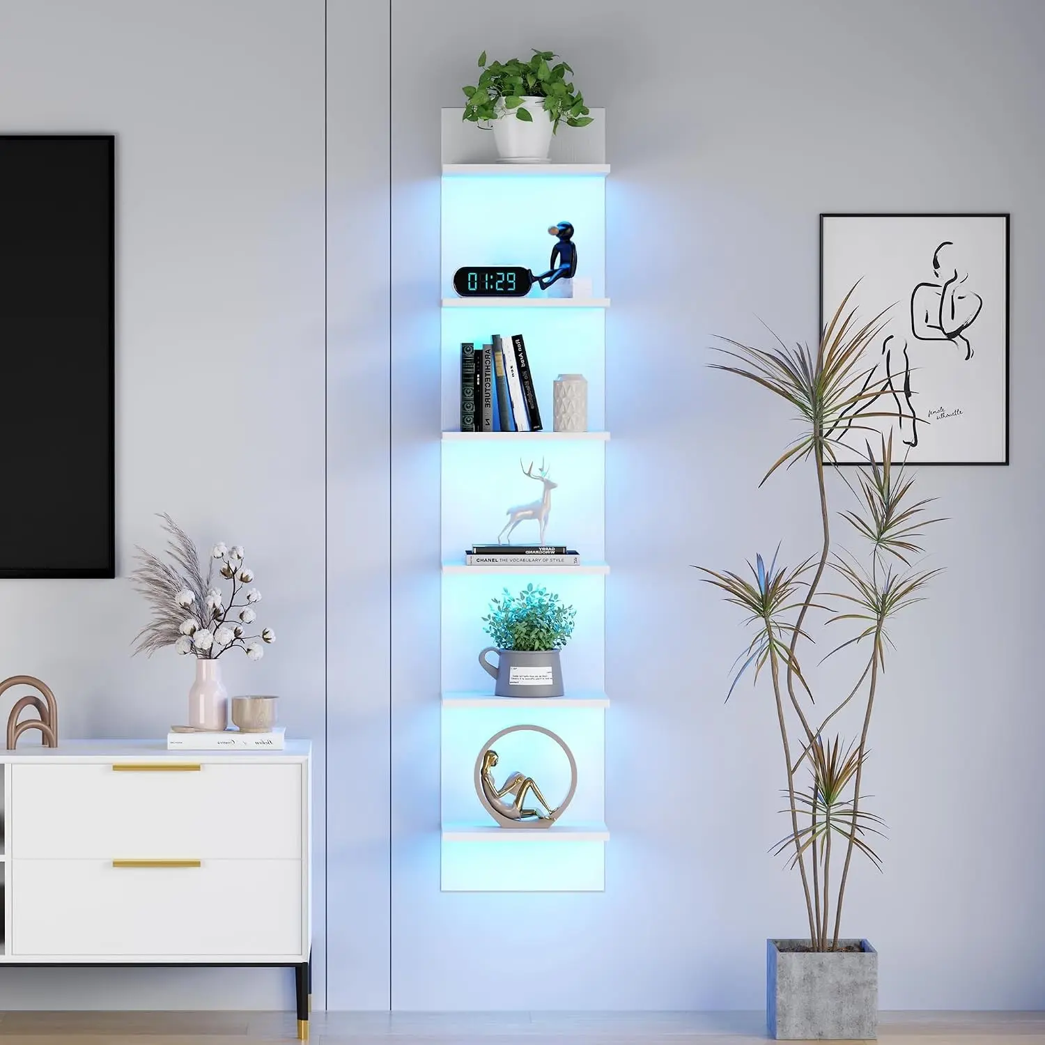 6-Tier Wall Shelf with RGB LED, 57" Floating Storage, White | RGB 16 Million Colors, 22 Modes, 6 Brightness. Waterproof Particleboard. Each Tier Holds 10 Lbs. Wall-mounted. For Bedroom