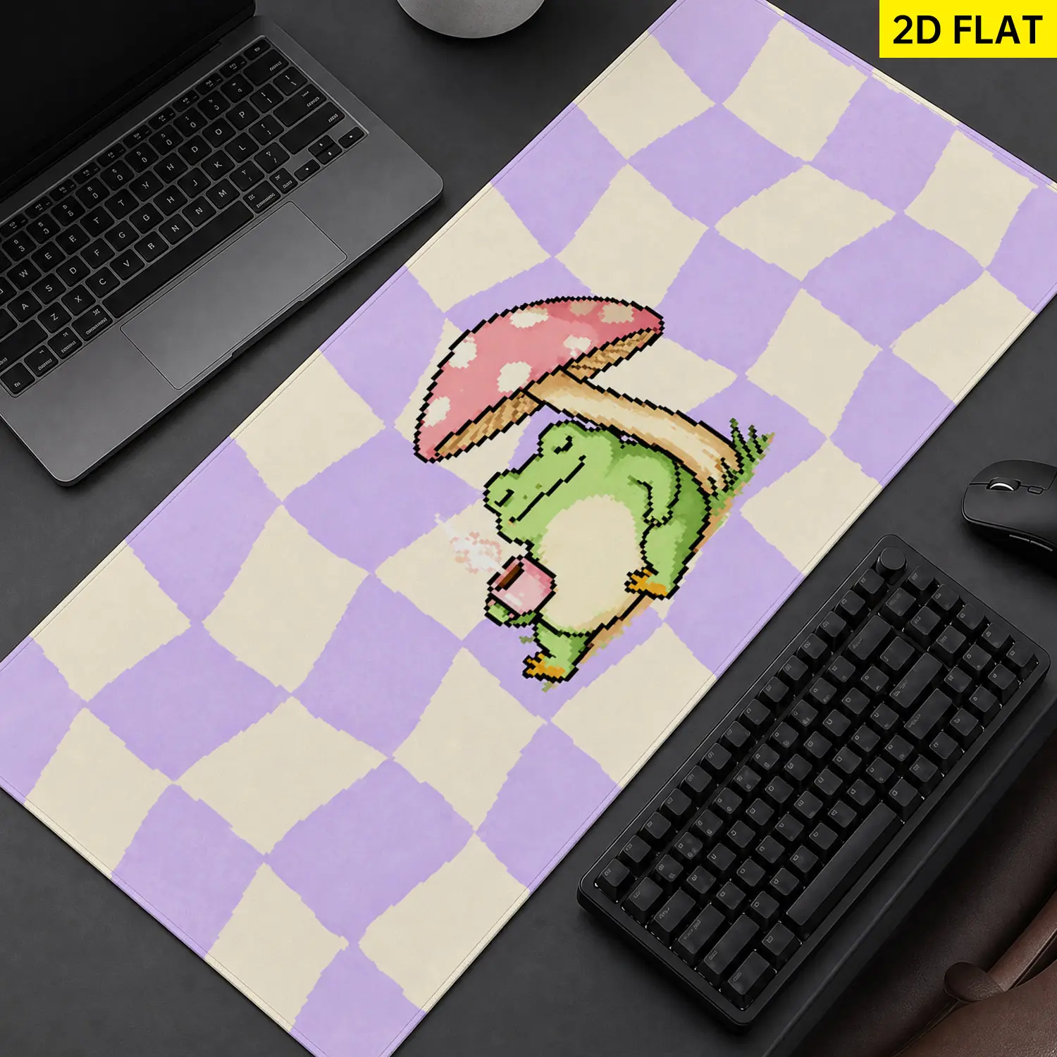 Cartoon Frog Mushroom Coffee Pixel Art Mouse Pad, Anti-Slip Rubber Base, Multi Sizes, Lock Edge, Washable, Flat Surface, Gaming & Home Office Desktop Protection Pad, Premium Multipurpose Gift for Family, 31.5*11.8 Inches(80X30cm)