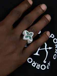 Two-Tone Four Leaf Clover Ring for Women, Full Paved White CZ with Marquise Cut Emerald Green Cubic Zirconia Statement Ring, 14K Gold & Silver Plated Luxury Cocktail Party Jewelry Gift
