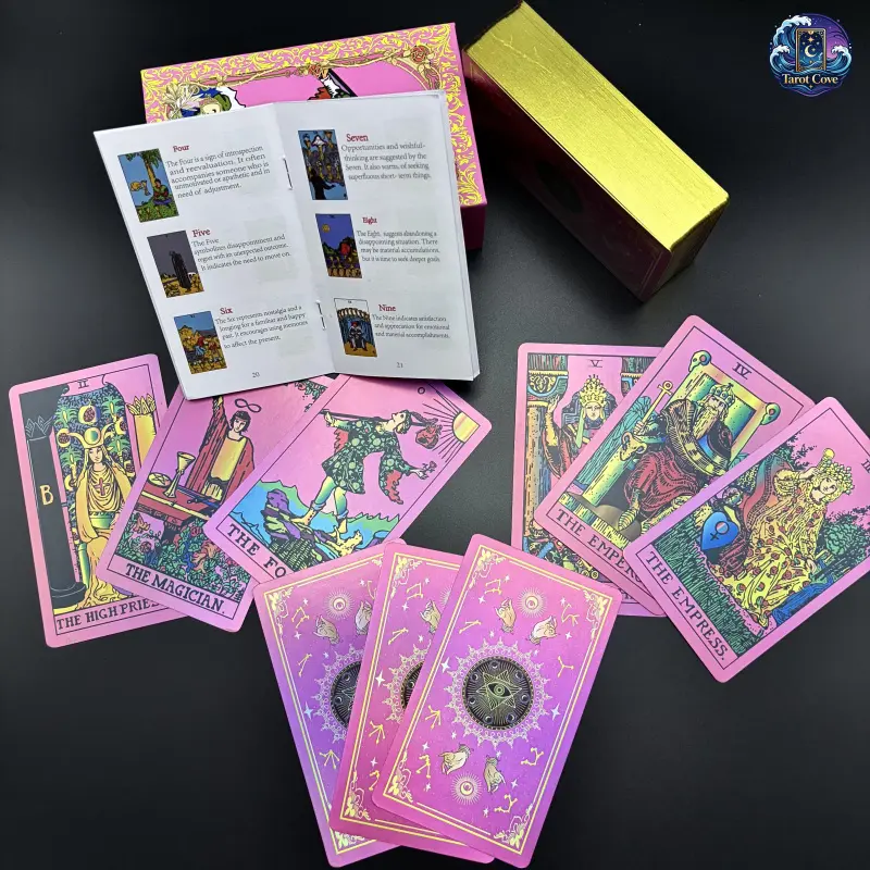 Tarot Cove Angel Eye Pink Holographic Paper Tarot Cards, Gold Foil Edges, Wrinkle Resistant Deck with Guidebook, Beginner Friendly Evil Eye Tarot Set