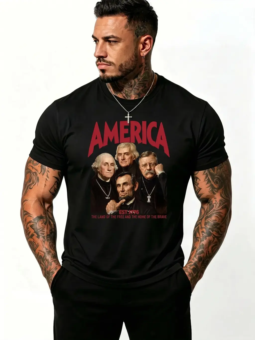 America Est 1776 T-Shirt US Presidents Hip Hop Graphic Tee Heavyweight Cotton Crewneck Casual Oversized Retro Streetwear Everyday Patriotic Sarcastic Meme Apparel Top