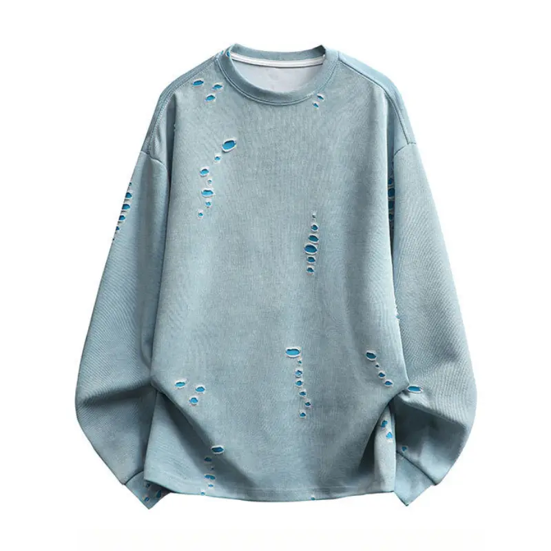 Men Distressed Cutout Ripped Crew Neck Long Sleeve Pullover Top, Washed Textured Fabric Street‑Inspired Casual Base Shirt, Fashion Long Sleeve Layering Top For Fall # sohochic