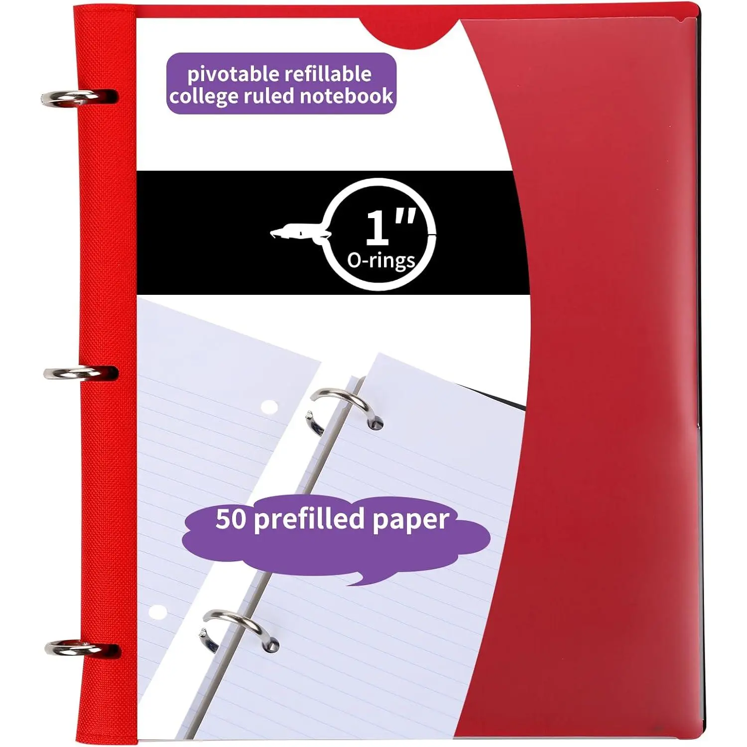 Pivotable Refillable Notebook, 1 Inch 3 Ring Notebook Binder, 50 College Ruled Paper, 5 Subject Notebook with Dividers and Folder Pockets, Tabs- Red