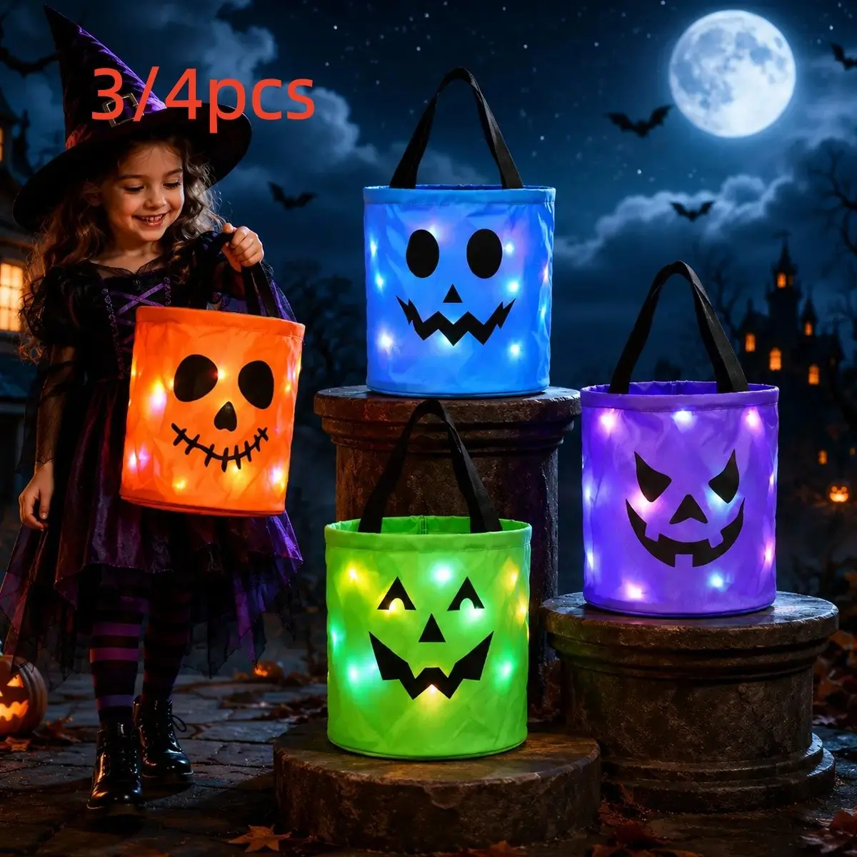3/4 Halloween Candy Bucket with LED Lights Non Woven Gift Bags Trick or Treat Bags, Goodie Bag, Pumpkin Candy Bags Reusable Tote Bags for Kids Students Adults, Night Light Bags for Home Garden Lawn Decorations, Halloween Christmas Party Favor Supplies