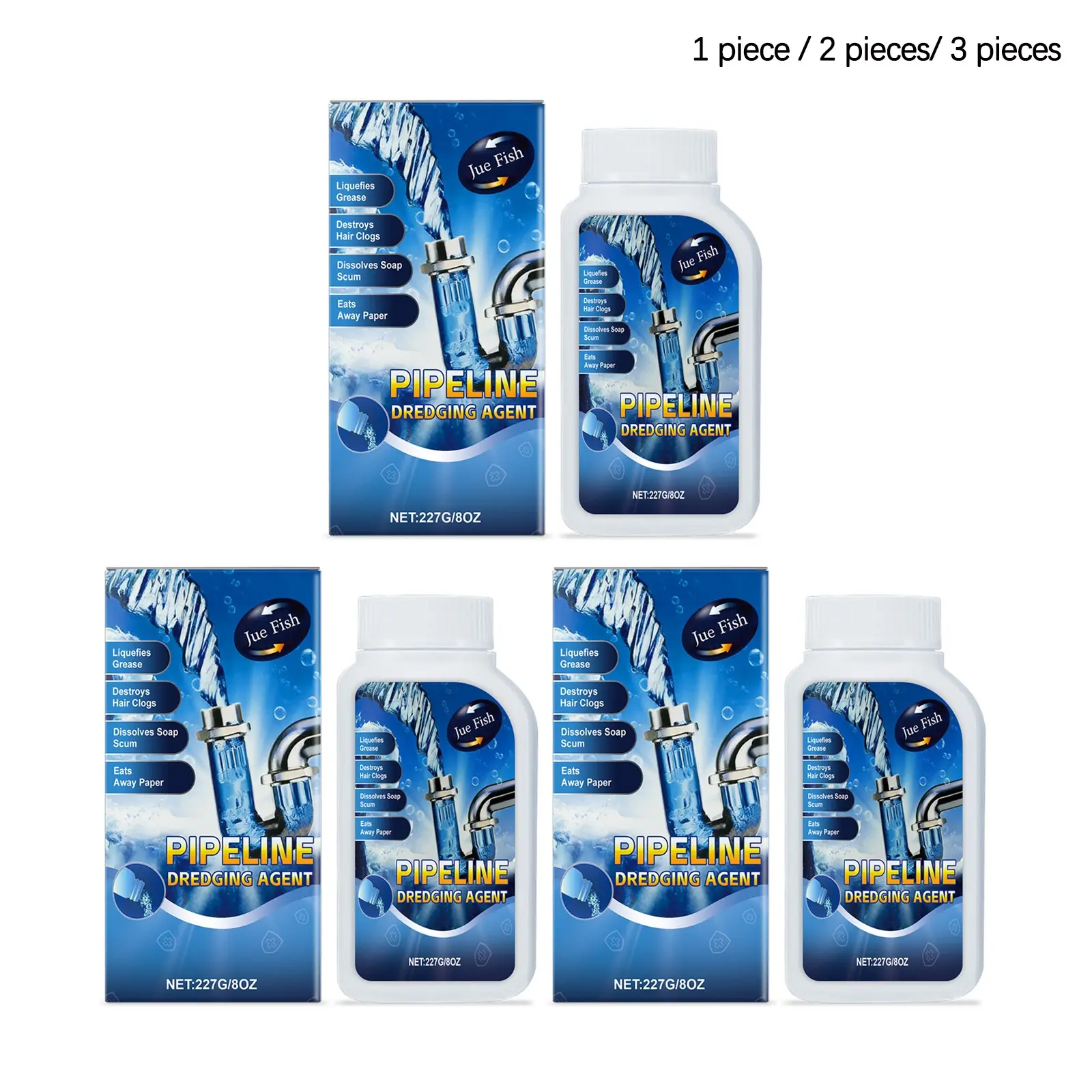 Pipe Unblocker (227g/227g*2/227g*3), Gentle Cleaning, Dissolves Grease and Hair, Unclogs Kitchen and Bathroom Drains, Drain Line Unclogger