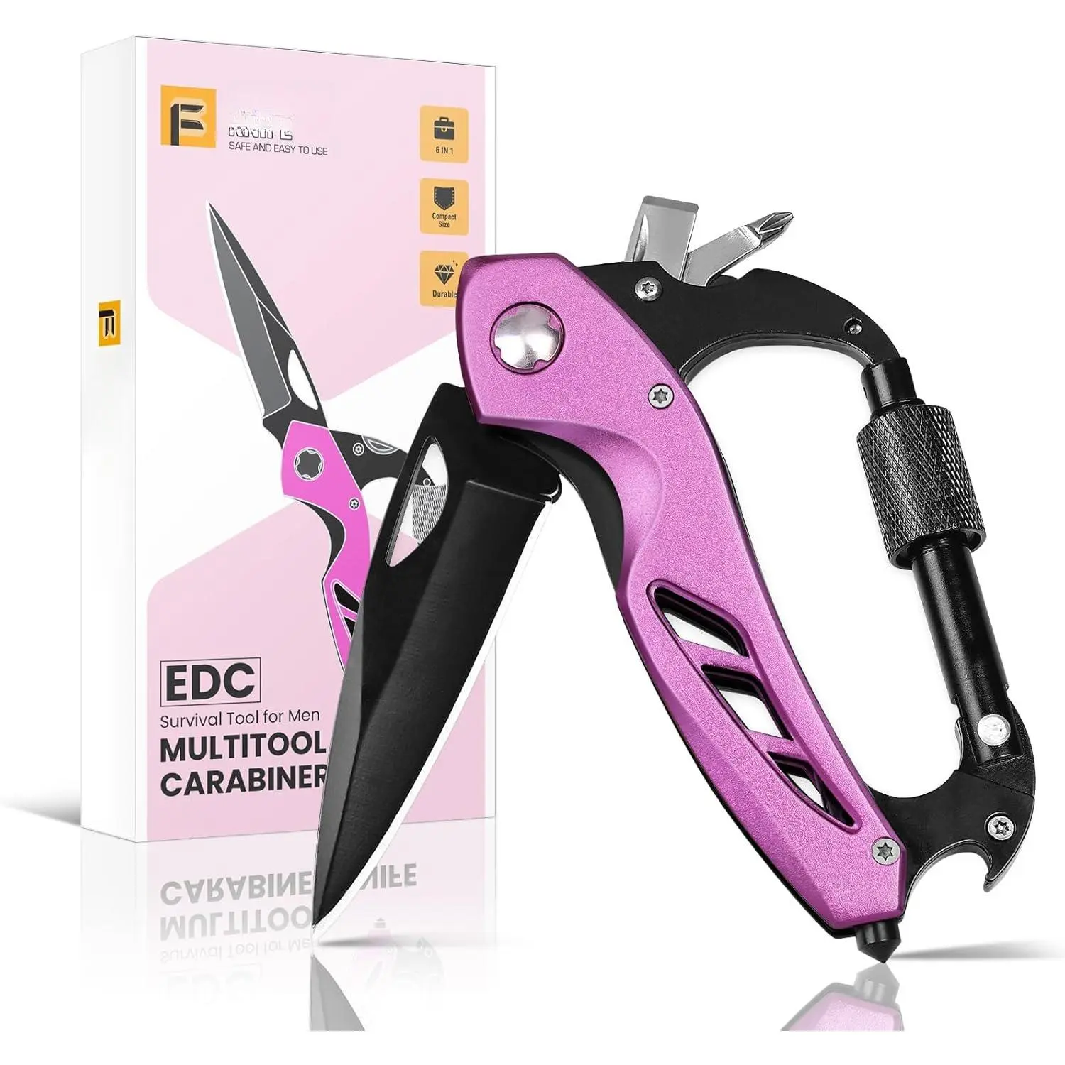 6-in-1 Small Multitool Carabiner (4.5 Inches) - Sturdy and Solid EDC Gear with Window Breaker, Bottle Opener, Ideal Stocking Stuffers Gifts for Women, Hiking/Light Outdoor Hand Tool Accessory