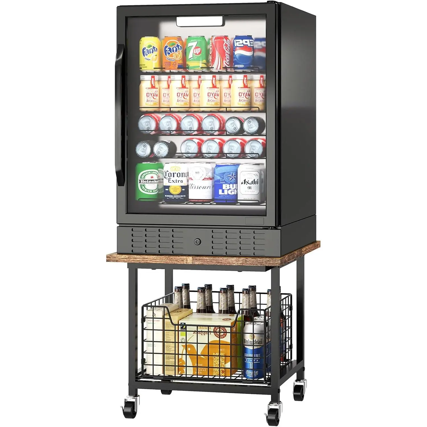 Mini Fridge Stand with Storage, Small Refrigerator Stand with Wheels, Rolling Mini Fridge Cart-Max Load 300 LBS Heavy Microwave Printer Stand Utility Cart for Dorm, Apartment, Kitchen, Office (Brown)