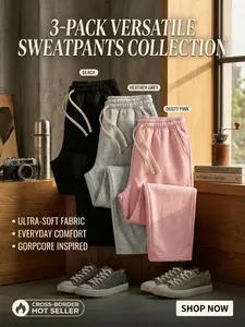 3-Pack Men's Sweatpants, High Waist Drawstring Elastic Waistband Pockets, Soft Comfortable Jogging Pants, Casual Home Fitness Daily Wear