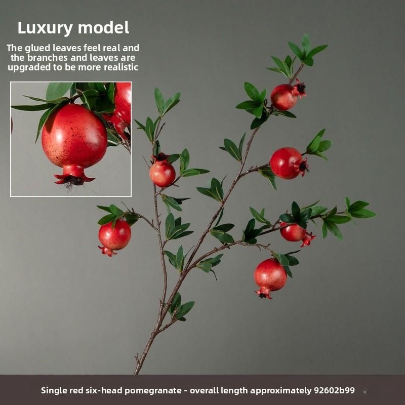 Artificial flower 6-headed pomegranate branch with pomegranate fruit ornament for housewarming, New Year's decoration, home living room floor decoration